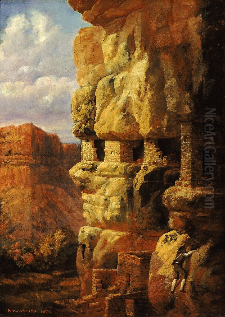Cliff Houses on the Rio Mancos, Colorado Oil Painting by William Henry Holmes