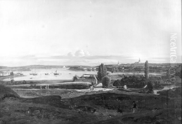 Et parti fra Svendborg, set fra Orkel Slotsbanke Oil Painting by Ferdinand Richardt