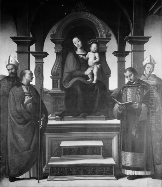 Madonna med barnet omgivet af fire helgener Oil Painting by Albert Kuchler