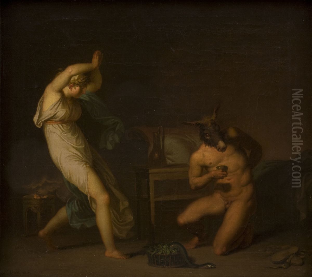 Tjenestepigen Fotis forfaerdes over, at heksesalven forvandler hendes elsker Lucius til et aesel og ikke til en fugl. Motiv fra Apulejus: Det gyldne aesel. Oil Painting by Nicolai Abildgaard