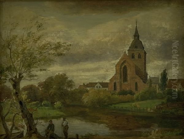 St Knud's Church by the River in Odense. Autumn Oil Painting by Dankvart Dreyer