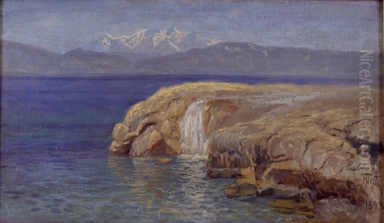 Klippekyst med vandfald pa Euboa Oil Painting by Thorvald Niss