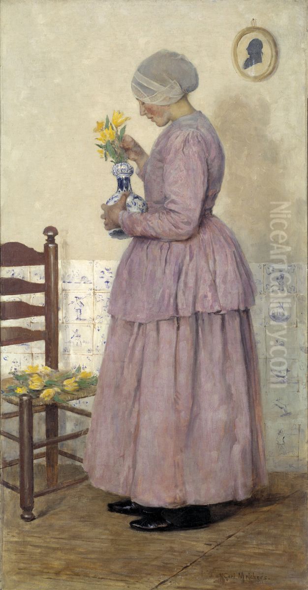 Arranging the Tulips Oil Painting by Gari Julius Melchers