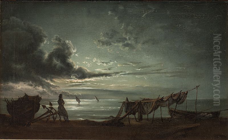 The Gulf of Naples. Moonlight Oil Painting by Johan Wilhelm Ludwig Dahl