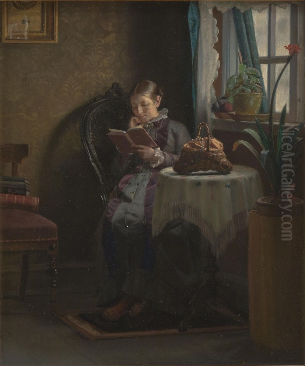 Anna Ancher laesende Oil Painting by Michael Peter Ancher