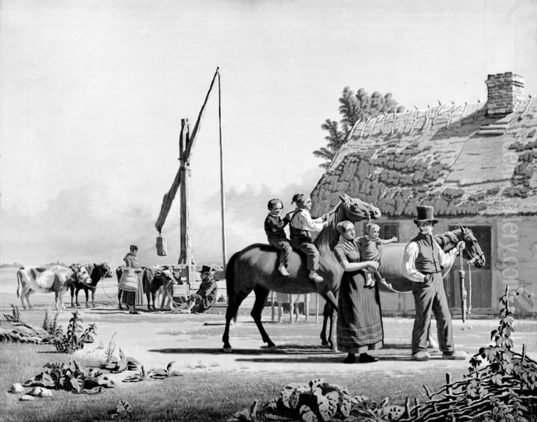 Peasant Watering Horses and Cattle Oil Painting by Godtfred Rump