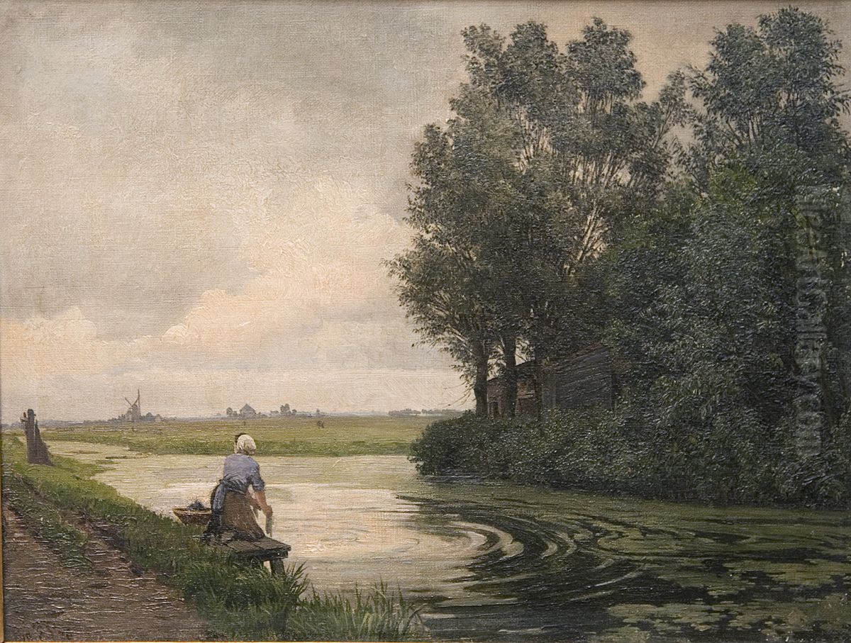 Hollandsk landskab. En pige vasker ved en kanal Oil Painting by Edvard Petersen