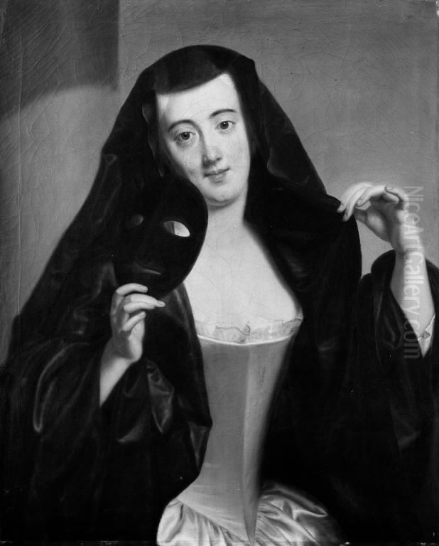 Dame med sort kappe over hovedet og maske i handen Oil Painting by Andreas Moller