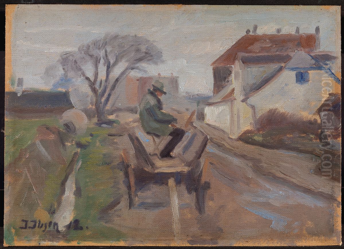 The Painter Olund Hansen Sitting in a Wagon Painting Oil Painting by Immanuel Ibsen