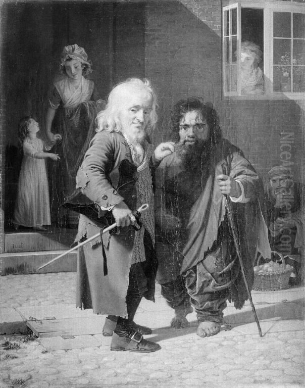 Obligeert, a Jewish pigtail-ribbon Vendor, beside the Roman Dwarf Bajocco in one of the Streets of Copenhagen Oil Painting by Jens Juel