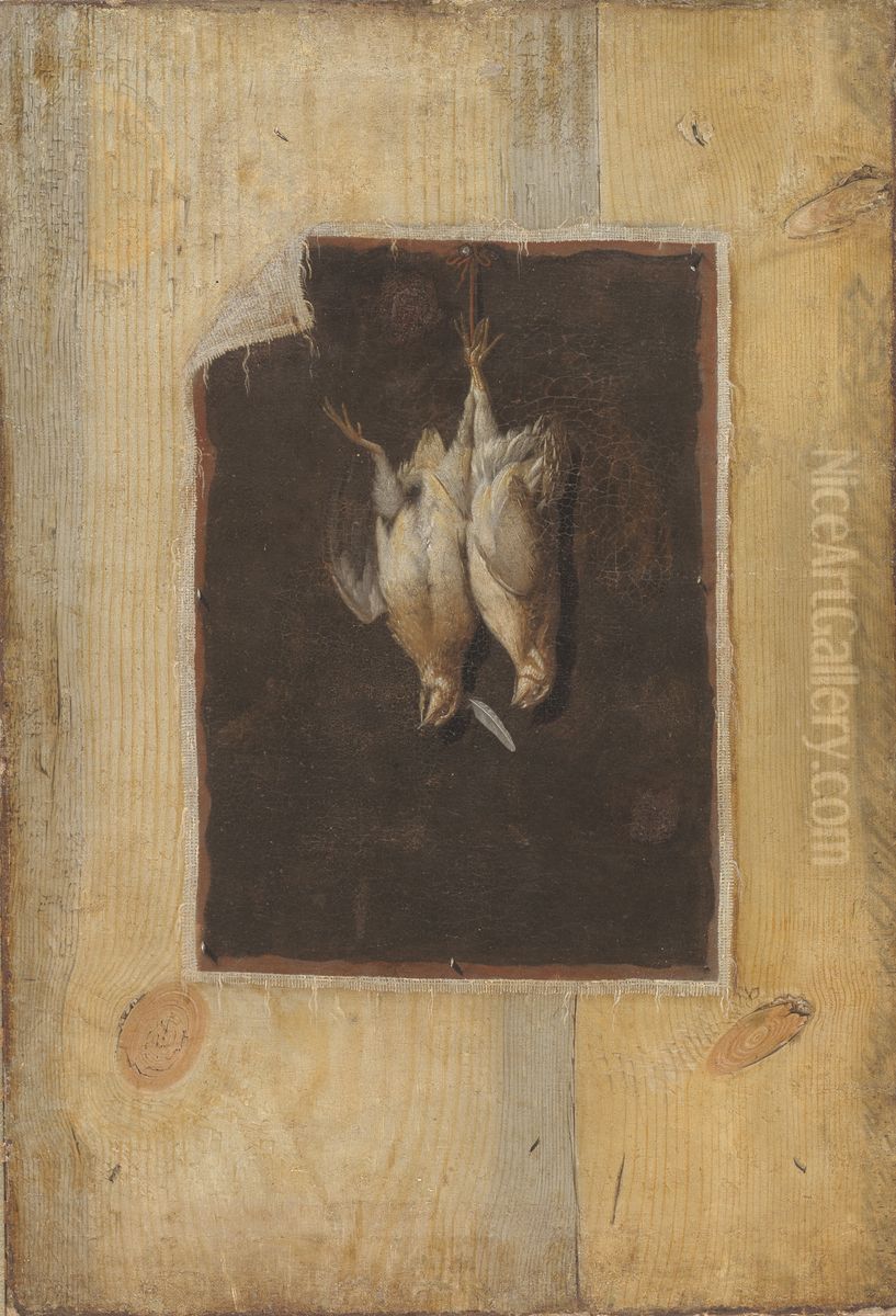 Trompe l'Oeil. Board Partition with a Still Life of Two Dead Birds Hanging on a Wall Oil Painting by Cornelis Norbertus Gijsbrechts