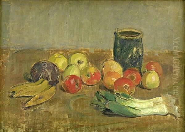 Still Life. Apples, Leeks, Bananas and Green Jar Oil Painting by Karl Isakson