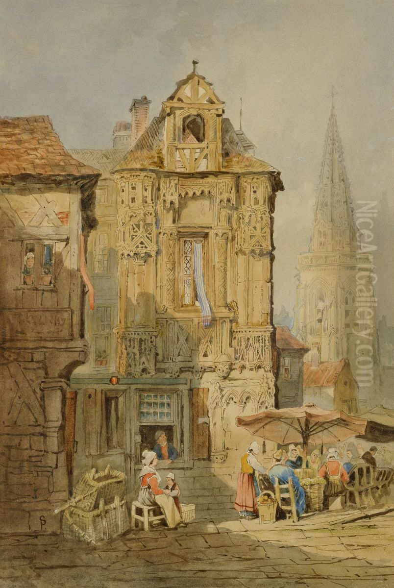 Marketplace at Bruges Oil Painting by Samuel Prout