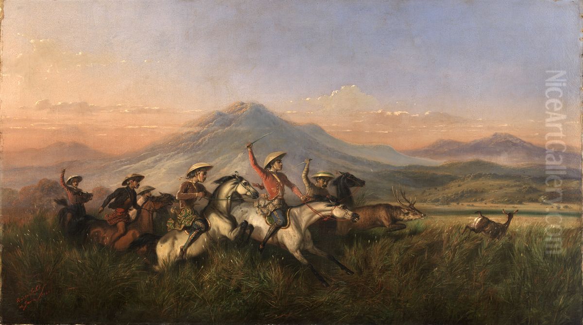 Six Horsemen Chasing Deer Oil Painting by Raden Saleh