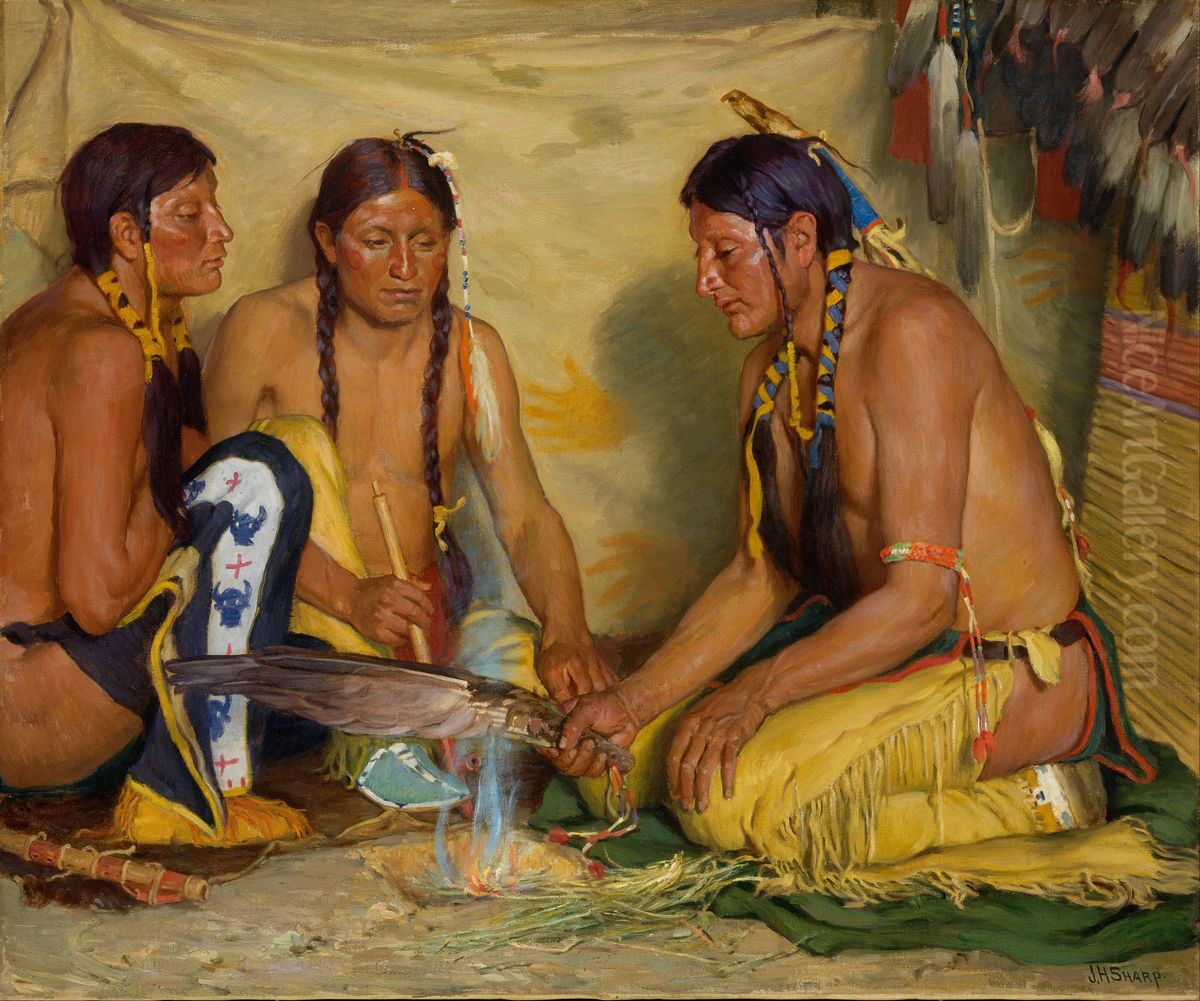 Making Sweet Grass Medicine, Blackfoot Ceremony Oil Painting by Joseph Henry Sharp