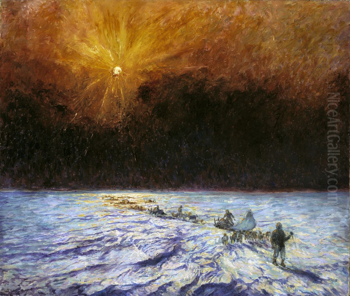 The Eighth of March--Island Ice, Greenland, 1894, Peary and Party near 6 p.m. Oil Painting by unknown