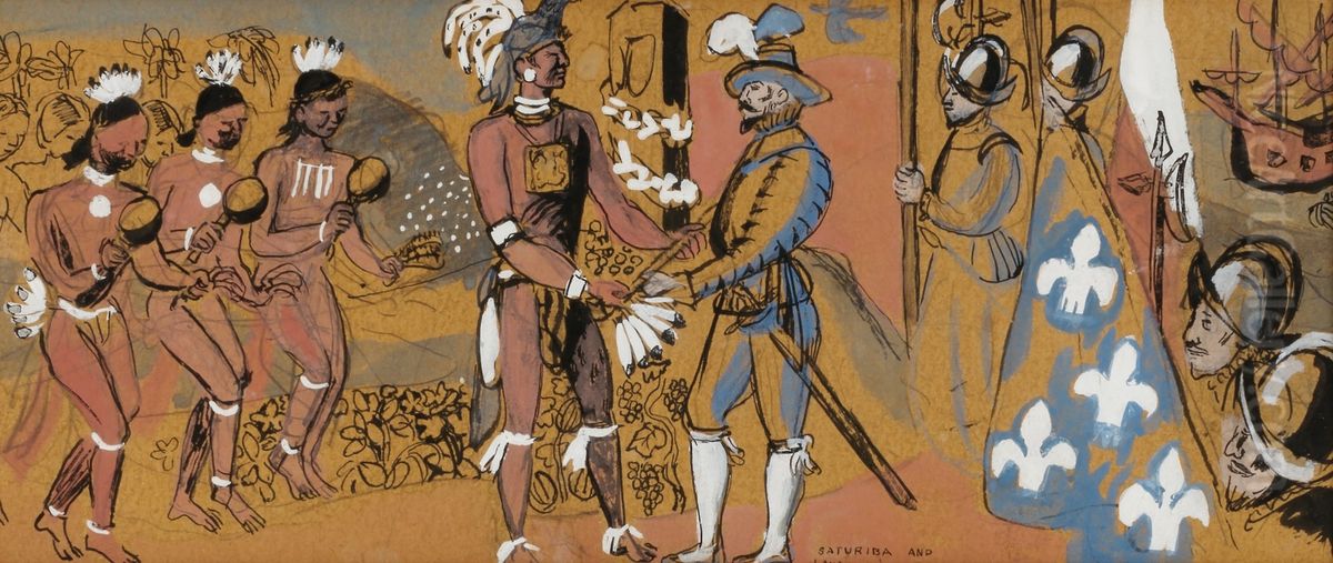 Saturiba and Laudonniere (study for Tallahassee mural) Oil Painting by Edward Buk Ulreich