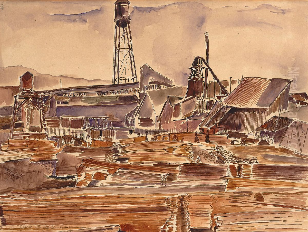 Lumber Mill Oil Painting by Claire Falkenstein