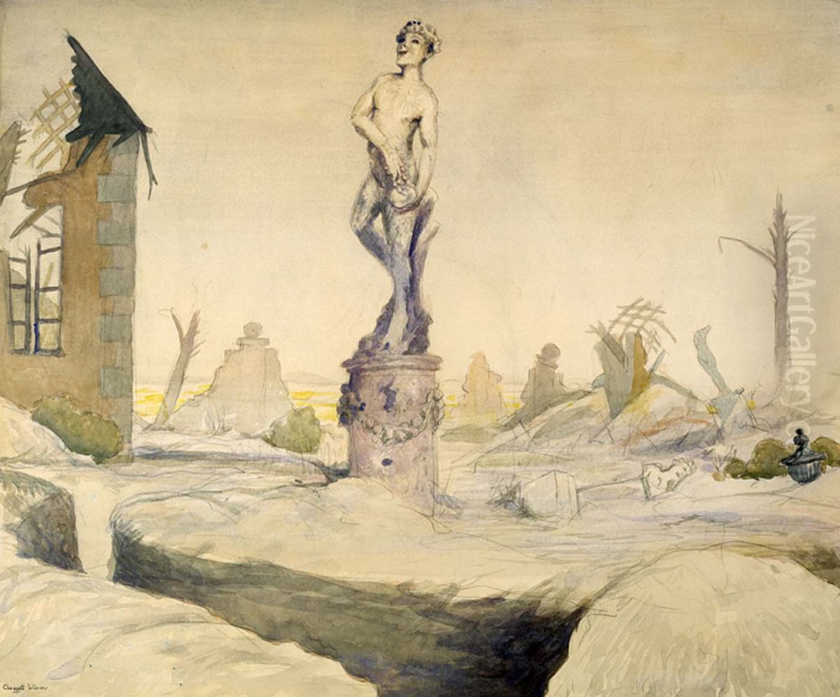 Bacchus Survivor--In the Ruined Garden of an Old Chateau in the Champagne Country There Remains, Triumphant, the Statue of Bacchus, Chipped and Scarred but Still Laughing as He Squeezes the Stone Grap Oil Painting by Claggett Wilson