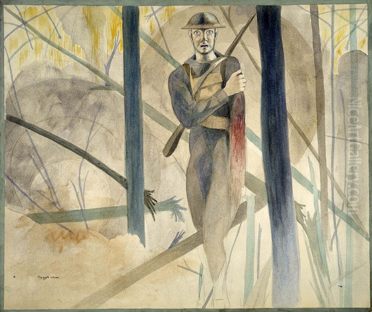 Runner Through the Barrage, Bois de Belleau, Chateau Thierry Sector; His Arm Shot Away, His Mind Gone Oil Painting by Claggett Wilson