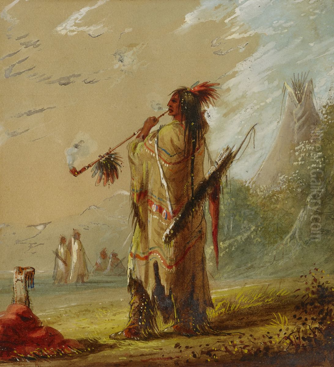 A Shoshonee Indian Smoking Oil Painting by unknown