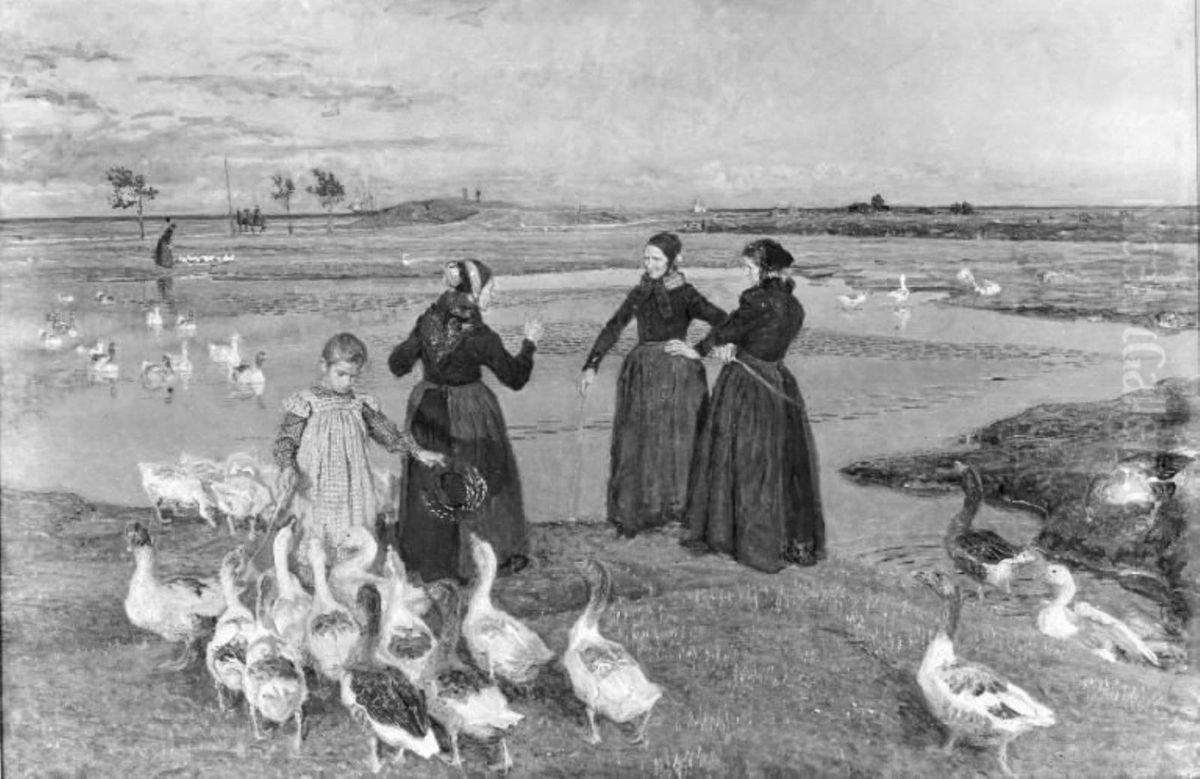 Before sunset. Dragor. Women, a little girl and geese at the beach Oil Painting by Viggo Johansen