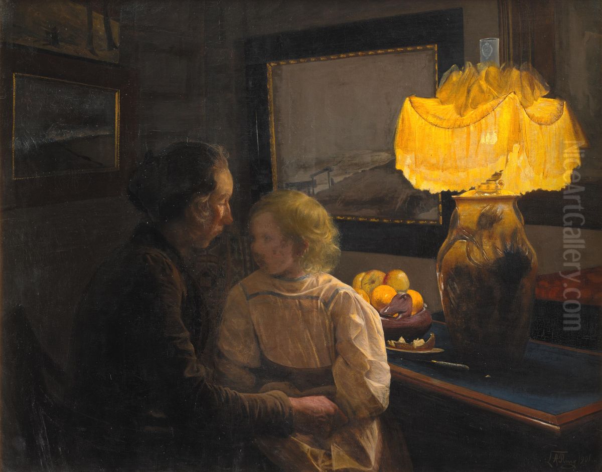 Mother storytells. The artist's wife and daughter Oil Painting by Laurits Andersen Ring