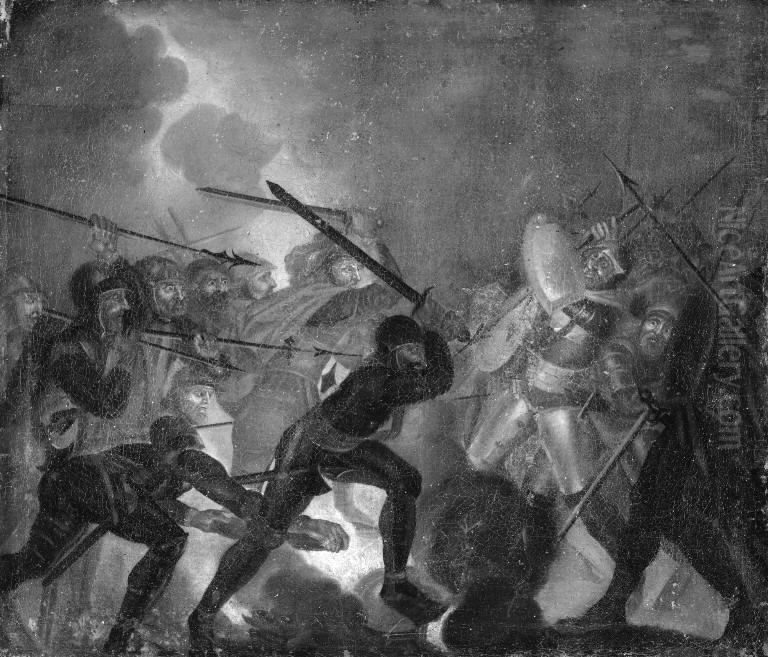 Rolf Krake og hans maend springer over ilden Oil Painting by Eric Paulsen