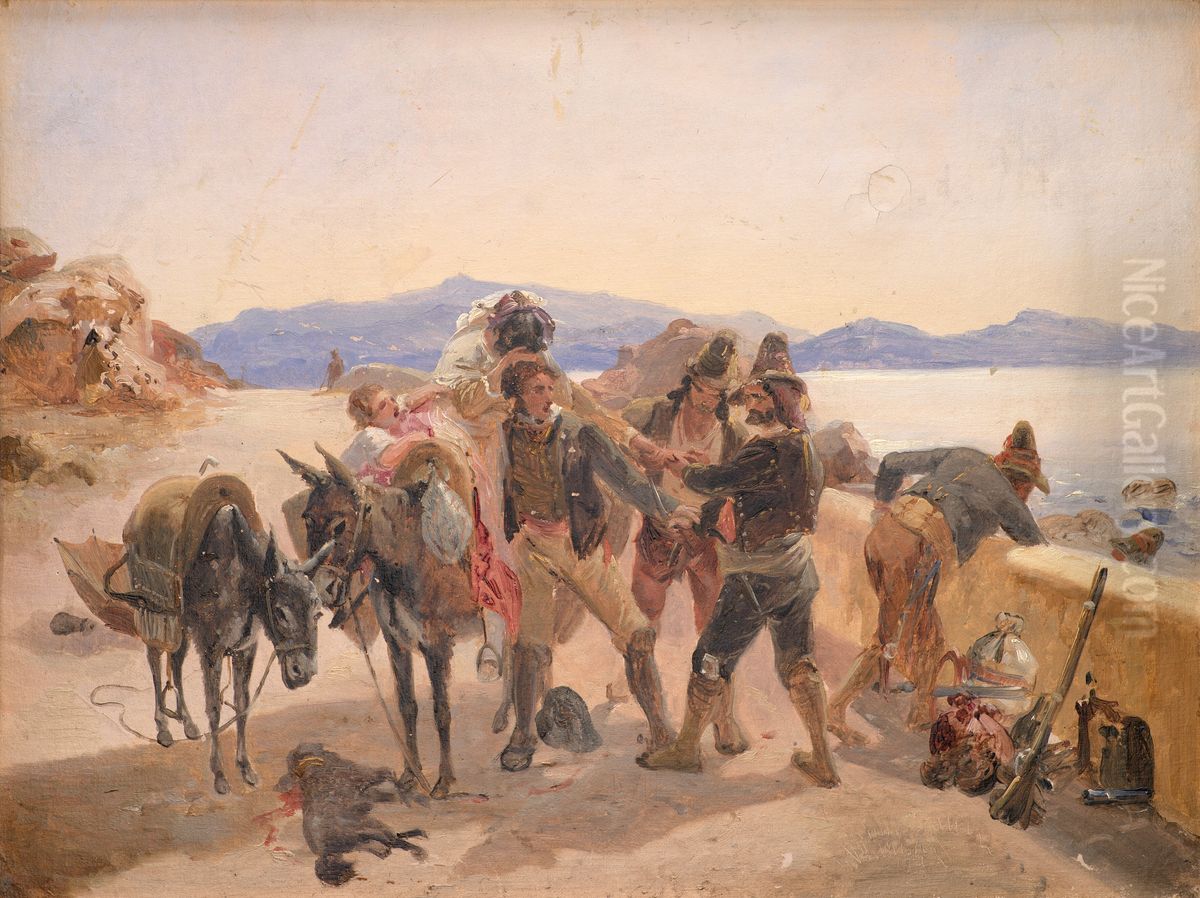 Robbers Attacking Travellers Oil Painting by Johann Baptist Kirner