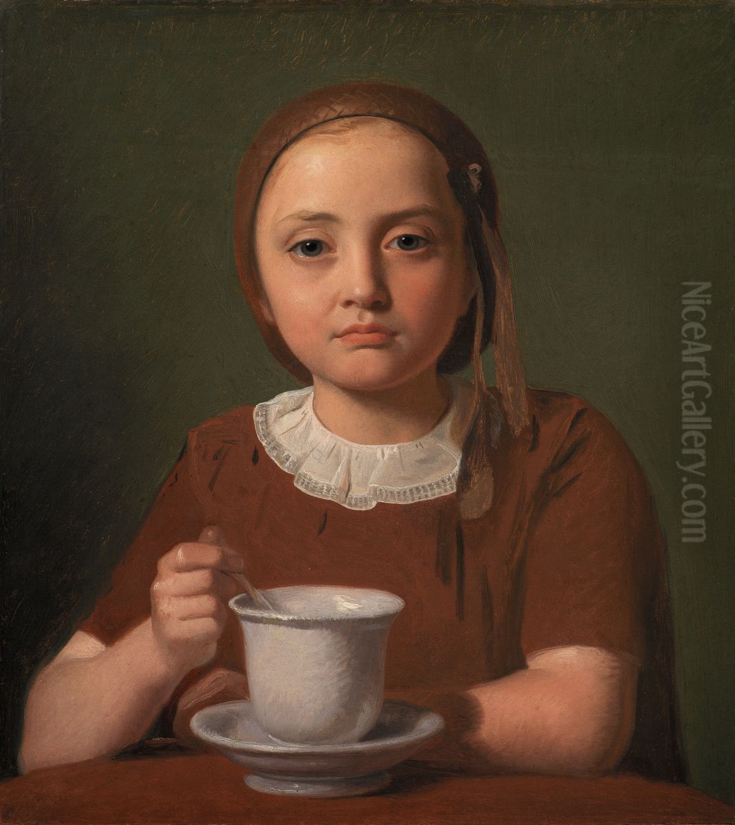 Portrait of a Little Girl, Elise Kobke, with a Cup in front of her Oil Painting by Constantin Hansen