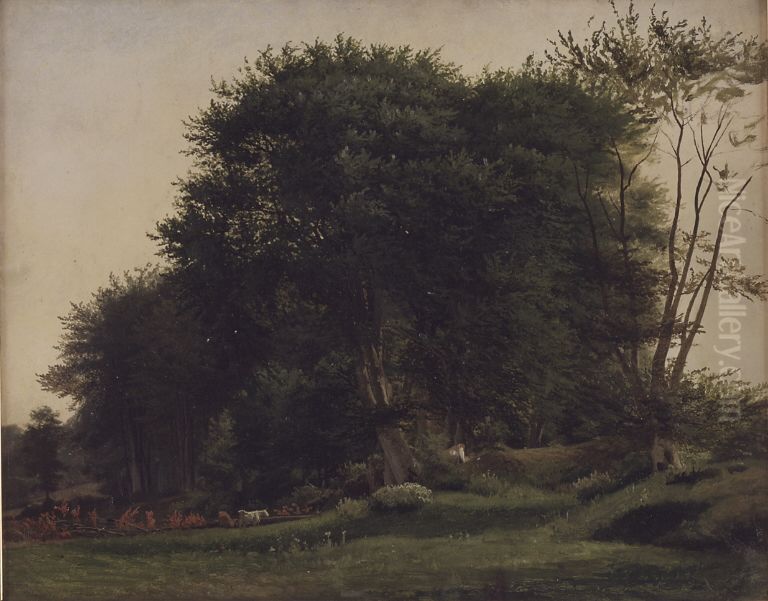 Skovlysning med kvaeg Oil Painting by Wilhelm Xylander