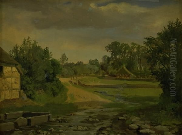 Vej gennem en dansk landsby Oil Painting by Thorald Laessoe