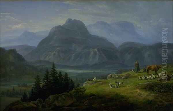 Etsch Valley near Roveredo Oil Painting by Johan Wilhelm Ludwig Dahl