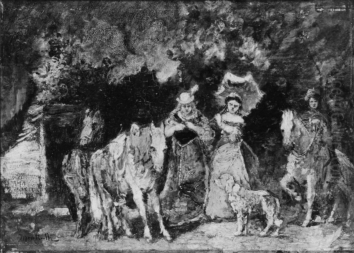 Two Women with Horses, a Dog, and an Attendant Oil Painting by Adolphe Joseph Thomas Monticelli