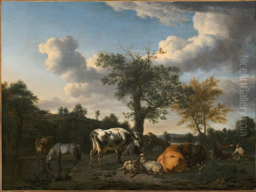 Cattle and Sheep in a River Landscape Oil Painting by Adriaen Van De Velde