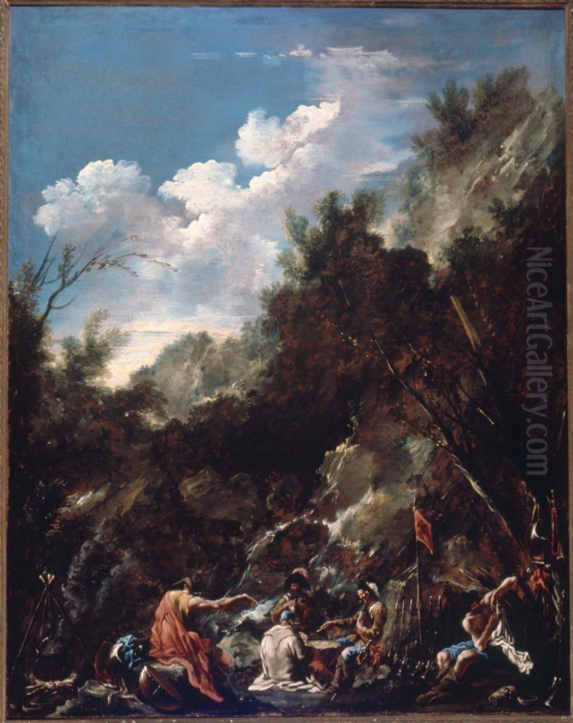 Soldiers Playing Cards in a Rocky Landscape Oil Painting by Alessandro Magnasco