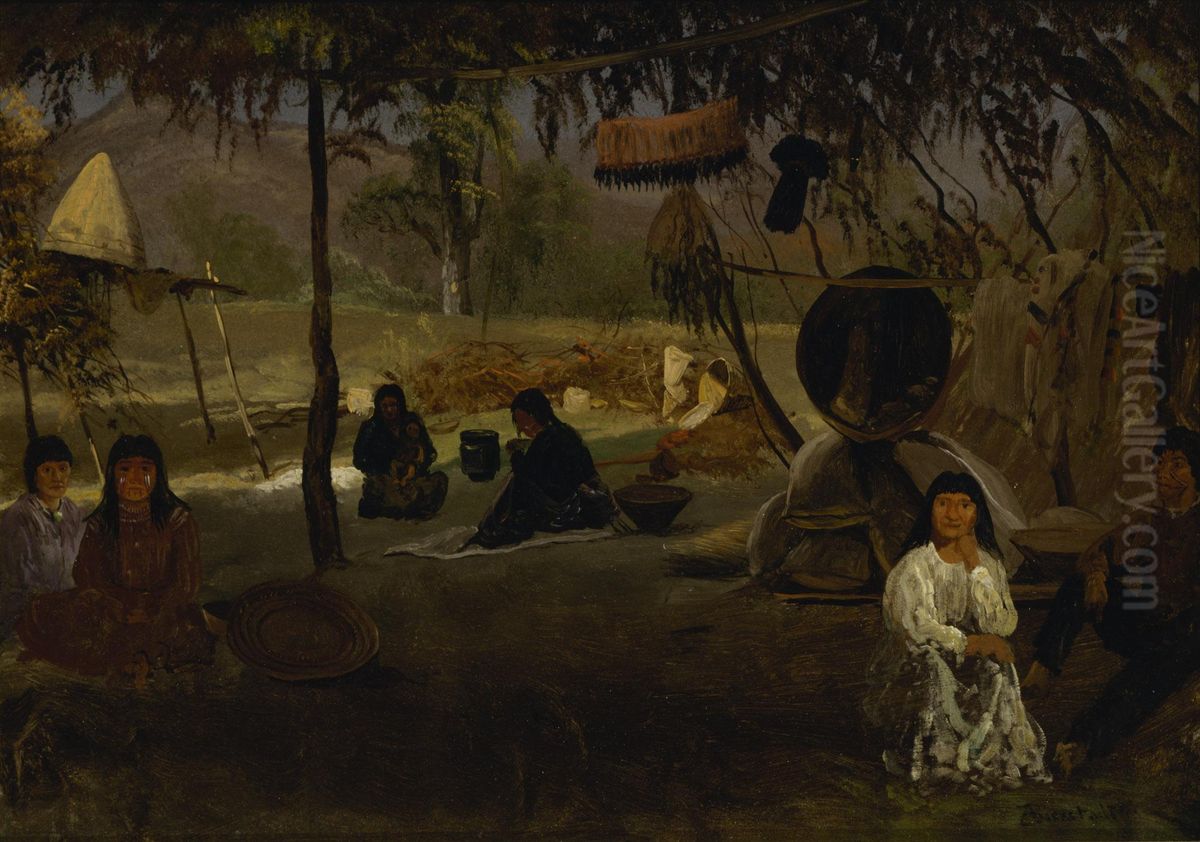 California Indian Camp Oil Painting by Albert Bierstadt
