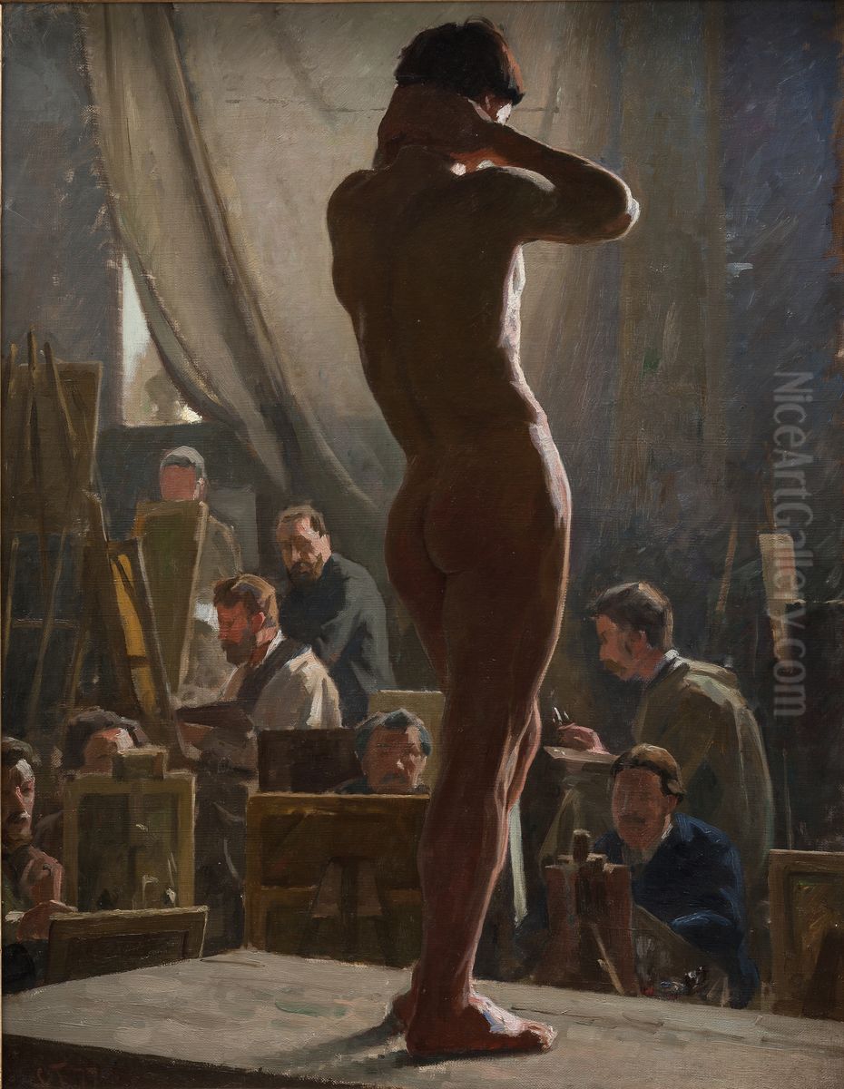 Male Nude in the Studio of Bonnat Oil Painting by Laurits Tuxen