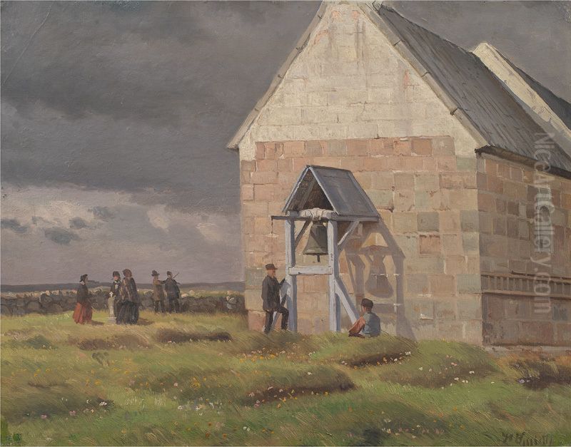 Norre Vium Kirke. Optraekkende uvejr Oil Painting by Hans Smidth
