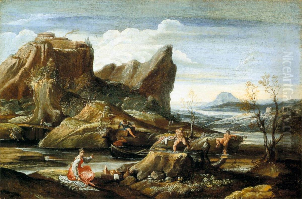 Landscape with Bathers Oil Painting by Antonio Marziale Carracci
