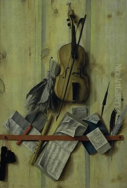 Trompe l'oeil with Violin, Music Book and Recorder Oil Painting by Cornelis Norbertus Gijsbrechts