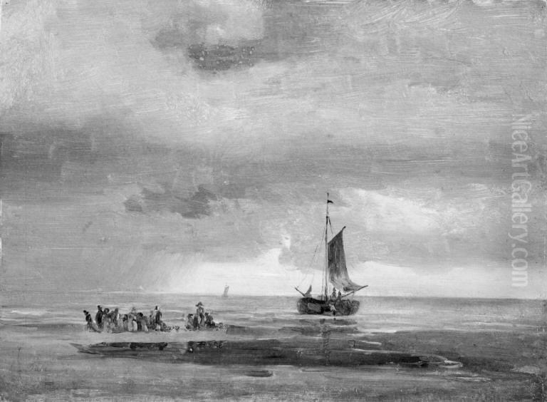 Flad strand ved solnedgang Oil Painting by Johan Wilhelm Ludwig Dahl