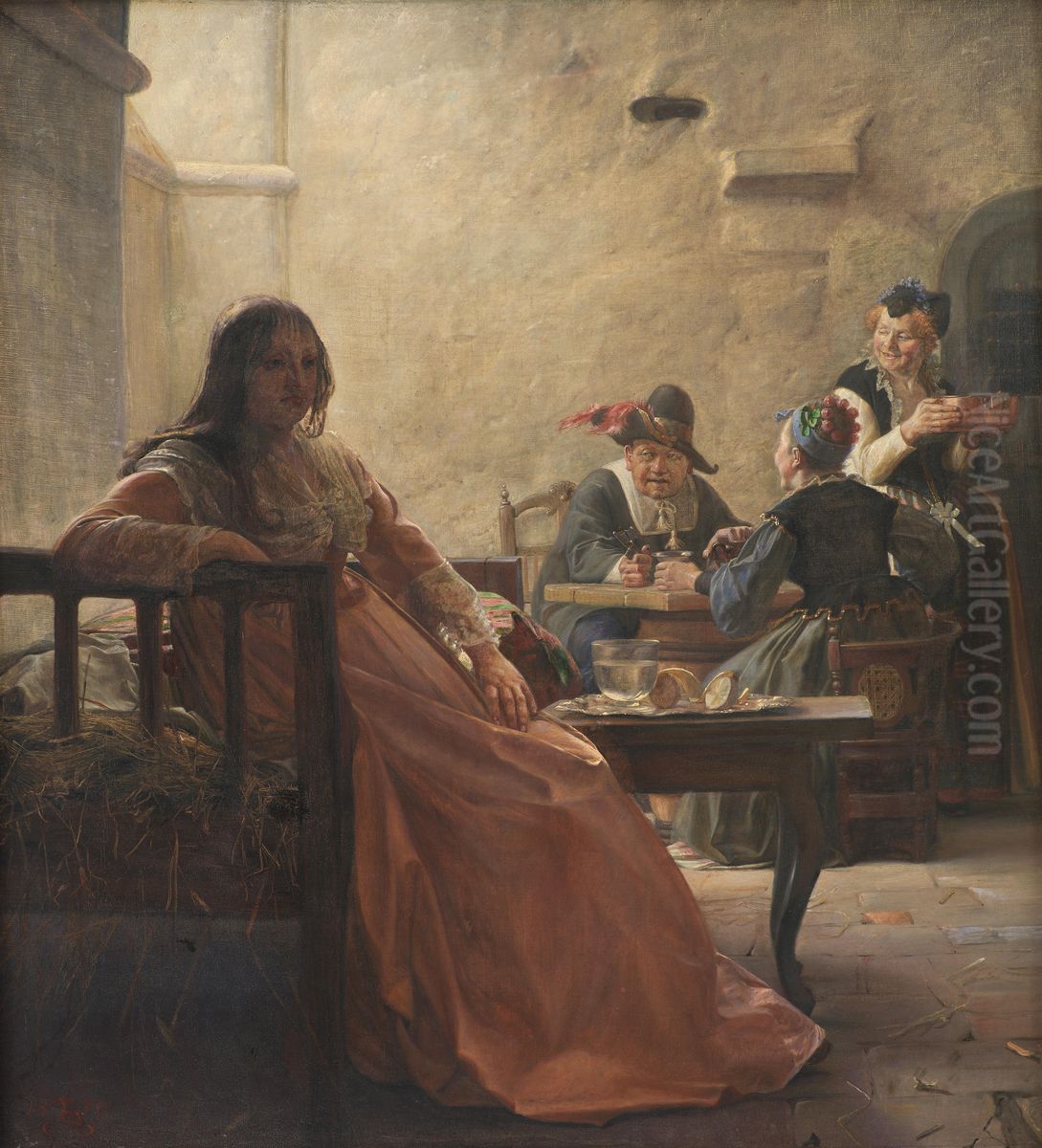 Leonora Christina i faengsletellerSlotsfogden skaemter med Kvinderne i den nylig faengslede Kongedatters Kammer pa Blaataarn Oil Painting by Kristian Zahrtmann