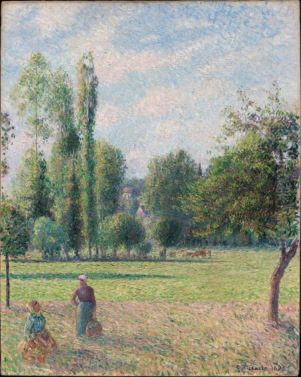Two Peasant Women in a Meadow (Le Pre) Oil Painting by Camille Pissarro