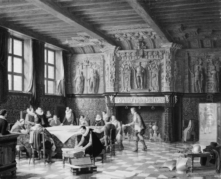 Et krigsrad i Salle des Francs i Brugge omkring ar 1600 Oil Painting by Heinrich Hansen
