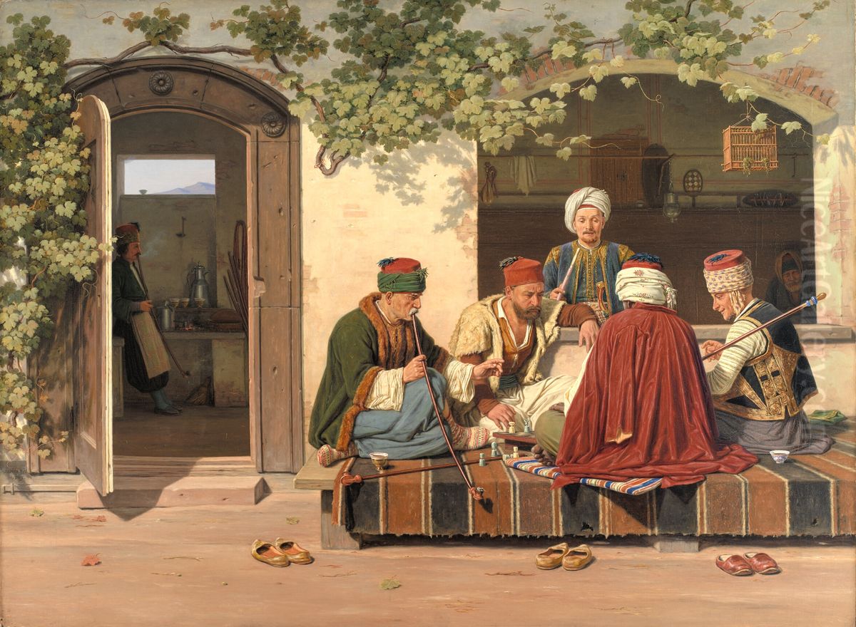 A party of chess players outside a Turkish coffeehouse and barbershop Oil Painting by Martinus Rorbye