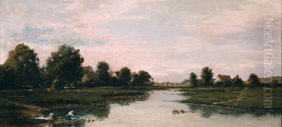 Woman Washing Clothes at the Edge of a River Oil Painting by Charles-Francois Daubigny