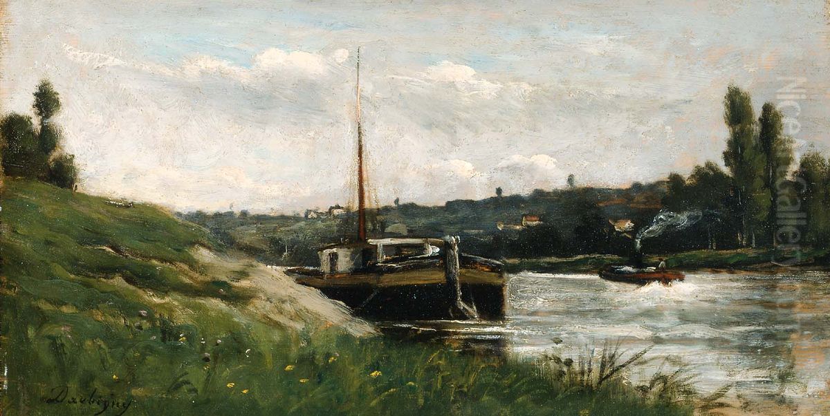 Barge on a River Oil Painting by Charles-Francois Daubigny
