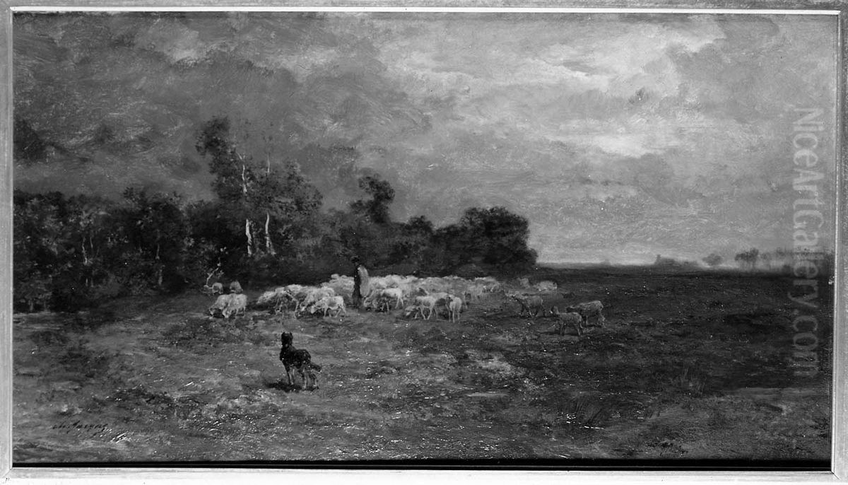 Shepherd and Sheep on the Edge of a Plain Oil Painting by Charles Jacque