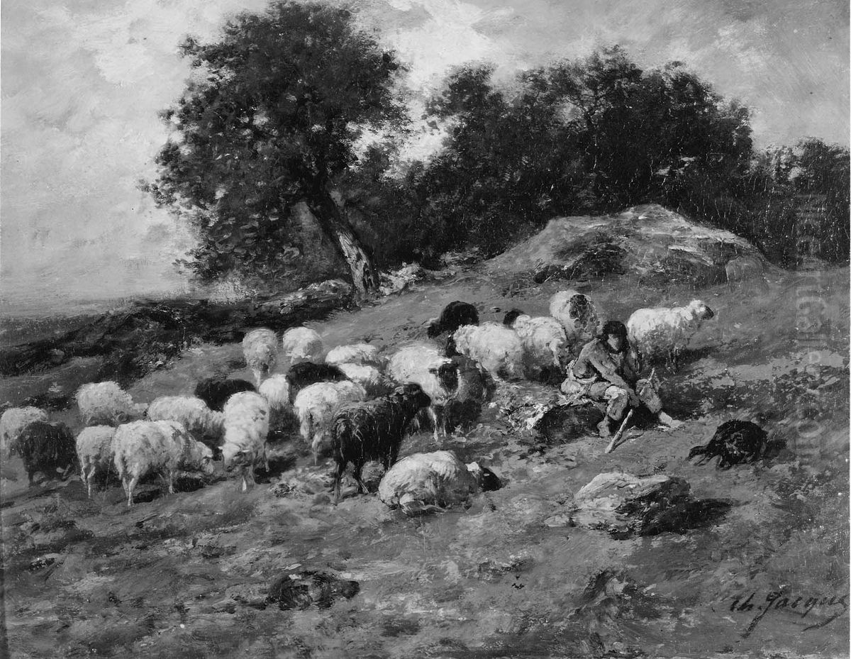 Shepherd and Sheep Oil Painting by Charles Jacque